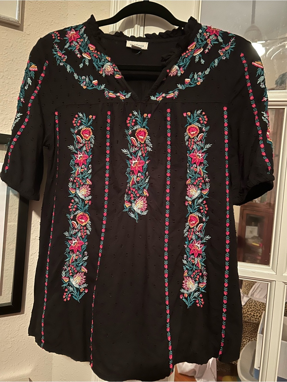 Embroidered Black Floral Peasant Top